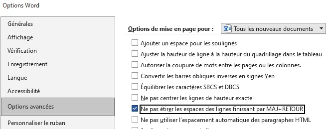 Options pour retour à la ligne